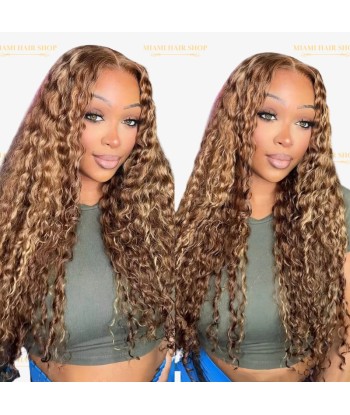 Deep Wave Chatain Méché Blond Wig zonder lijm met voorgekoppeld kant Comparez plus de prix