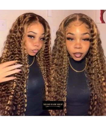 Deep Wave Chatain Méché Blond Wig zonder lijm met voorgekoppeld kant Comparez plus de prix