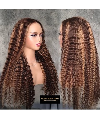 Deep Wave Chatain Méché Blond Wig zonder lijm met voorgekoppeld kant Comparez plus de prix