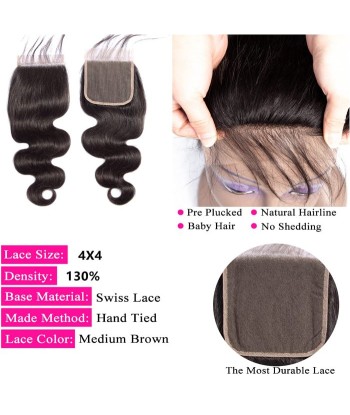 3 Paquets de Tissage  + Closure Body Wave Par le système avancé 