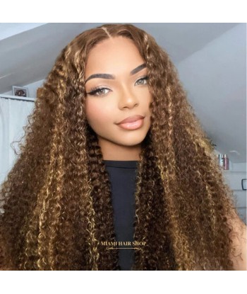 Perruque Kinky Curly Chatain Méché Blond Sans Colle avec Dentelle Pré-Coupée france