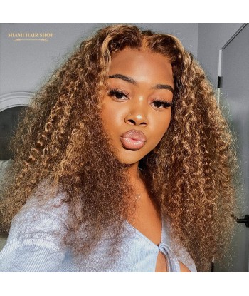 Perruque Kinky Curly Chatain Méché Blond Sans Colle avec Dentelle Pré-Coupée 50-70% off 